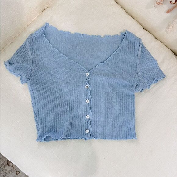 SHEIN Blue Ribbed Button-Up Women's Top - Picture 1 of 2